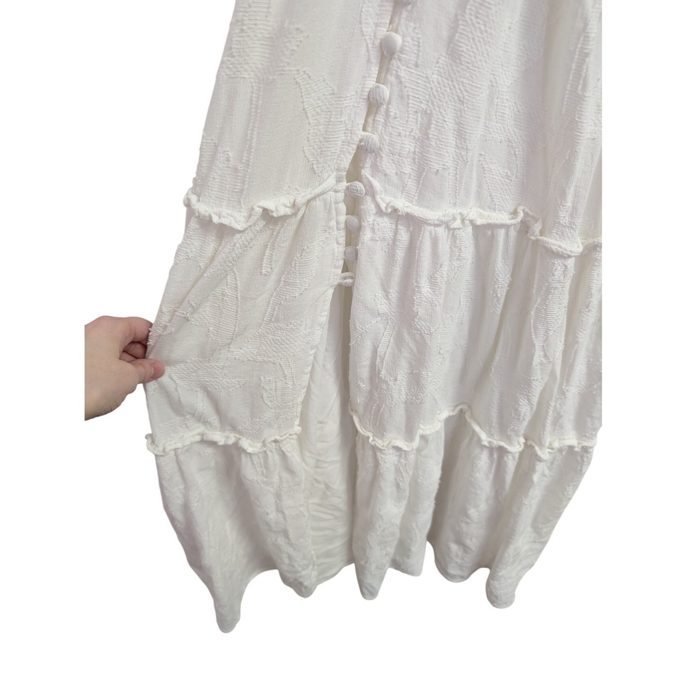 By Anthropologie Tiered Maxi Dress Flutter Sleeve Bow Back Embroidered White M - Picture 7 of 12